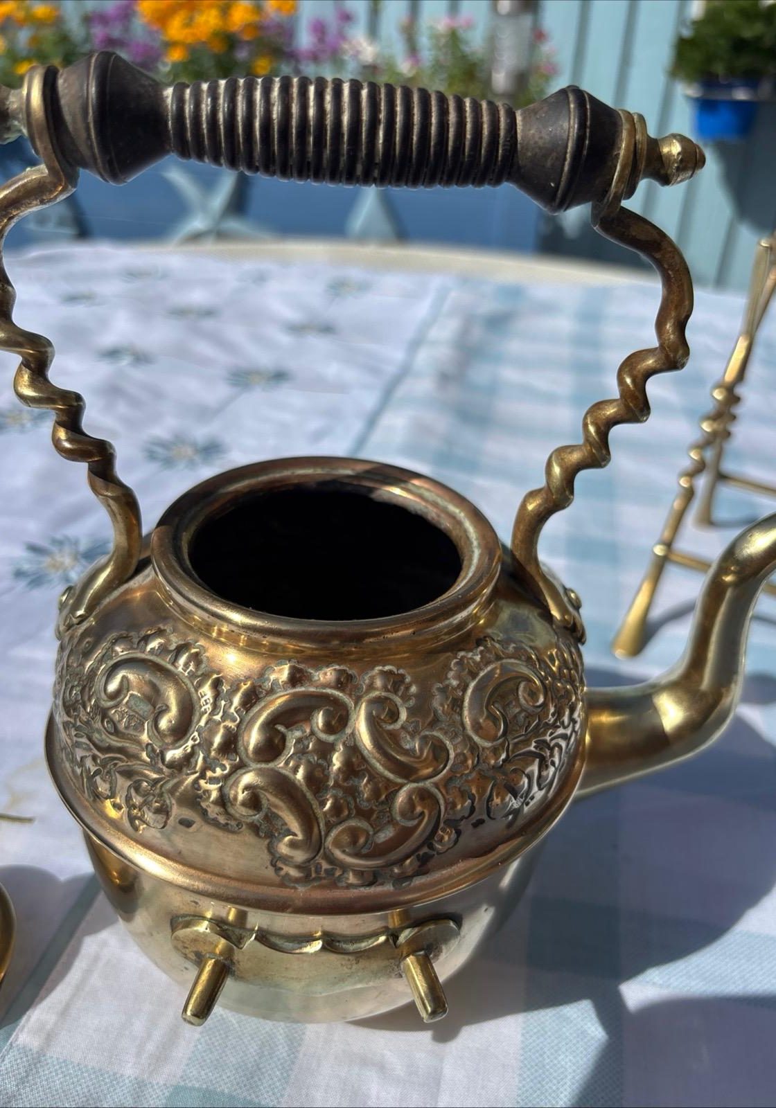 Image of Stunning Antique Brass Kettle On Stand