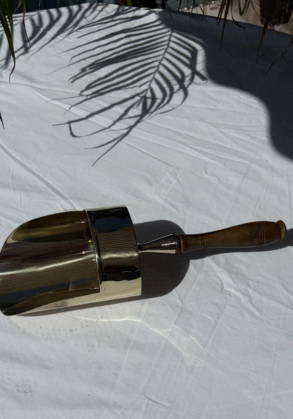 Image of A brass scoop with polished, wooden handle