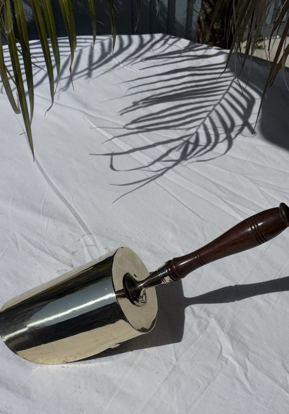 Image of A brass scoop with polished, wooden handle
